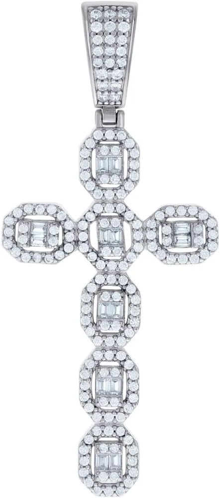 JewelryWeb 925 Sterling Silver Mens Baguette Round CZ Simulated Diamond Cross Religious Charm Pendant Necklace for Men