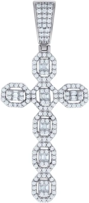 JewelryWeb 925 Sterling Silver Mens Baguette Round CZ Simulated Diamond Cross Religious Charm Pendant Necklace for Men