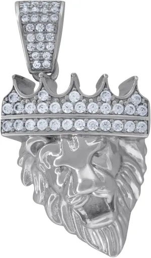 JewelryWeb 925 Sterling Silver Mens CZ Crowned Lion Head Animal Charm Pendant 36.3x19.5mm Wide Necklace for Men