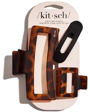 Kitsch Assorted Hair Clips for Women - Strong Hold Open Shaped Hair Claw Clips for Women and Girls, Flat Claw Clip - Matte Finish, Durable Plastic - Black & Tortoise, 3 Pcs