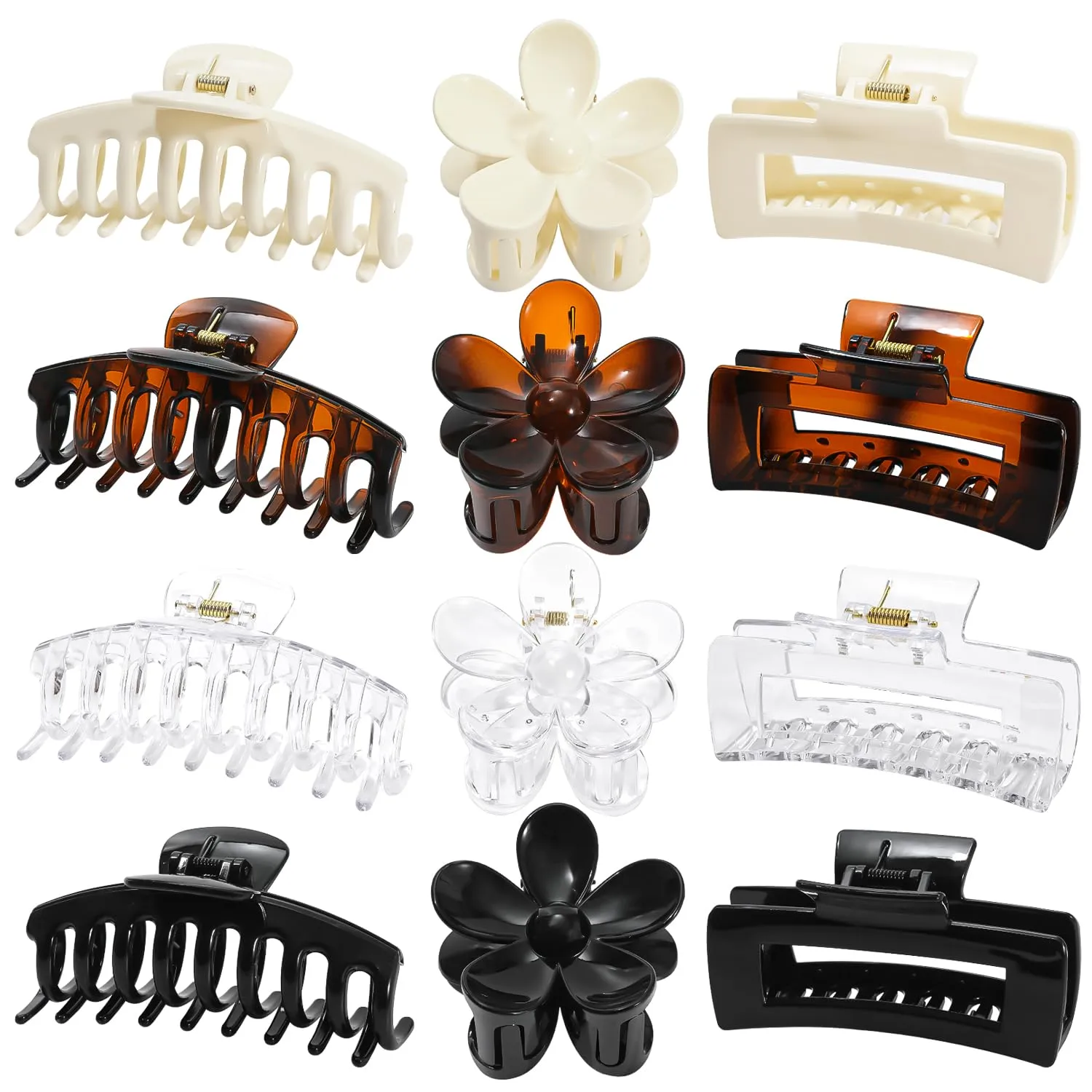 Large Hair Claw Clips 12 Pack, Flower Hair Clips for Thin Hair, Big Square Matte Strong hold for Thick Hair, 3 Styles Hair Clips for Women Thick Hair