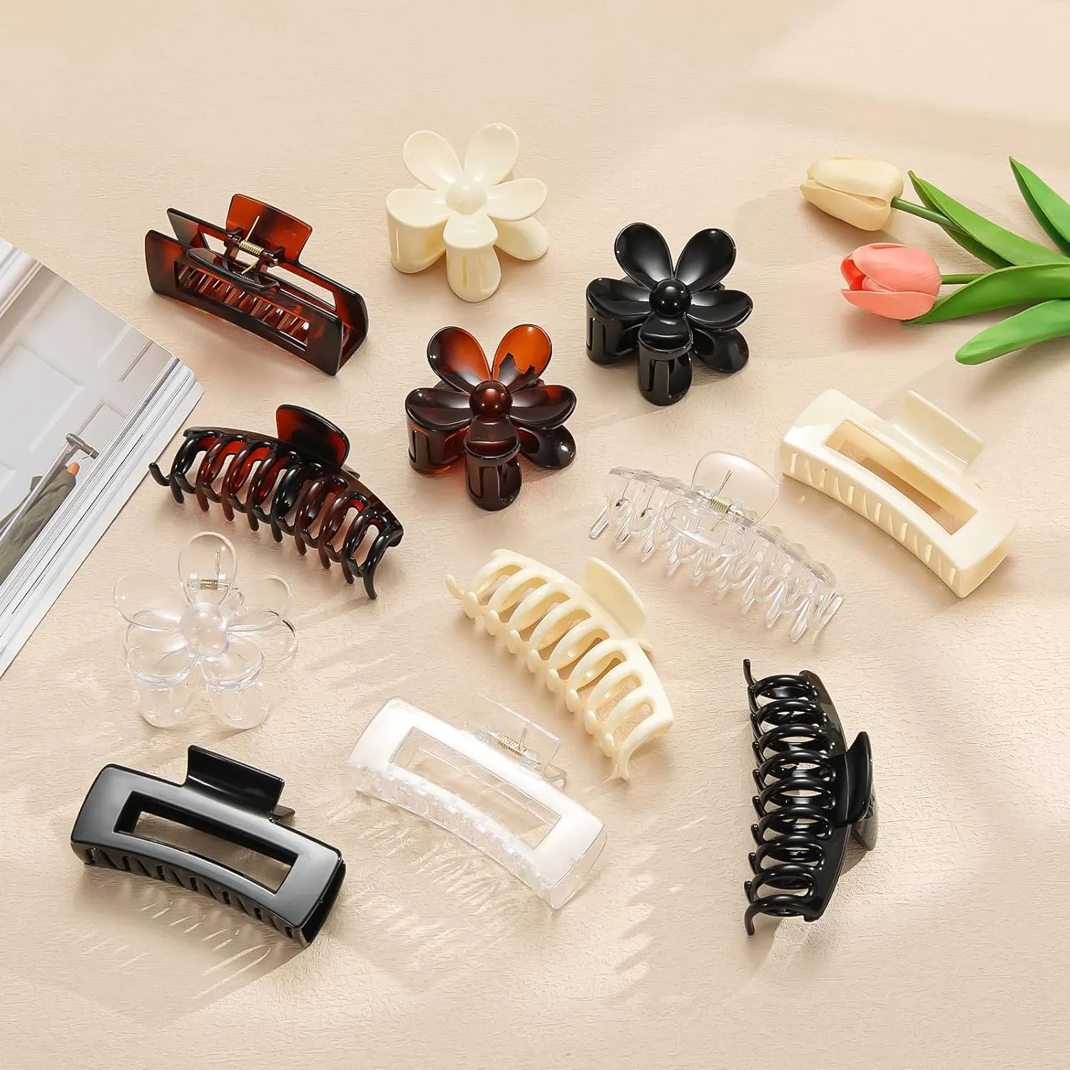 Large Hair Claw Clips 12 Pack, Flower Hair Clips for Thin Hair, Big Square Matte Strong hold for Thick Hair, 3 Styles Hair Clips for Women Thick Hair