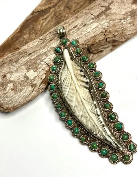 Large Turquoise Bone Carved Pendant on Tibetan Silver