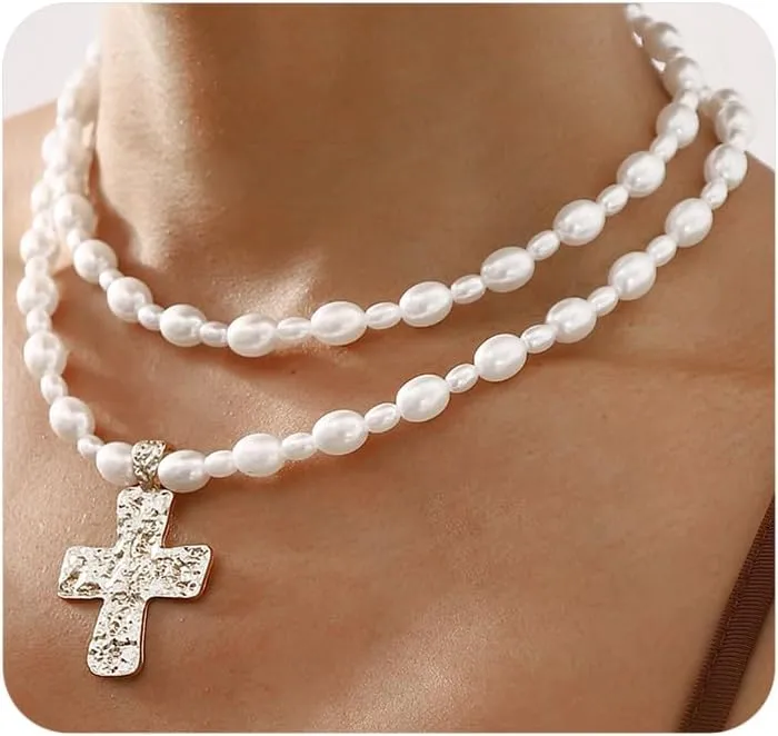 Layered Chunky Cross Pendant Pearl Necklace,Vintage Plated Gold Crucifix Pearl Statement Choker,Aesthetic Layering Cross Pendant Collar Necklace