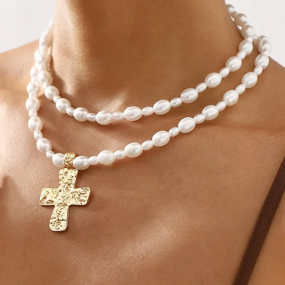 Layered Chunky Cross Pendant Pearl Necklace,Vintage Plated Gold Crucifix Pearl Statement Choker,Aesthetic Layering Cross Pendant Collar Necklace