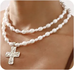 Layered Chunky Cross Pendant Pearl Necklace,Vintage Plated Gold Crucifix Pearl Statement Choker,Aesthetic Layering Cross Pendant Collar Necklace