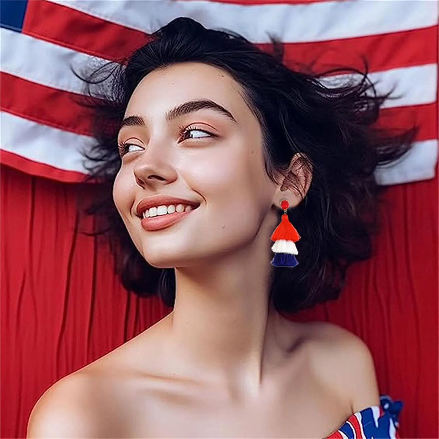 Layered Tassel Earrings for Women Handmade Lightweight Long Fringe Tiered Tassel Earrings Bohemian Crystal Tassel Earrings Statement Earrings Fashion Jewelry (Flag)