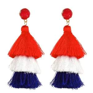 Layered Tassel Earrings for Women Handmade Lightweight Long Fringe Tiered Tassel Earrings Bohemian Crystal Tassel Earrings Statement Earrings Fashion Jewelry (Flag)