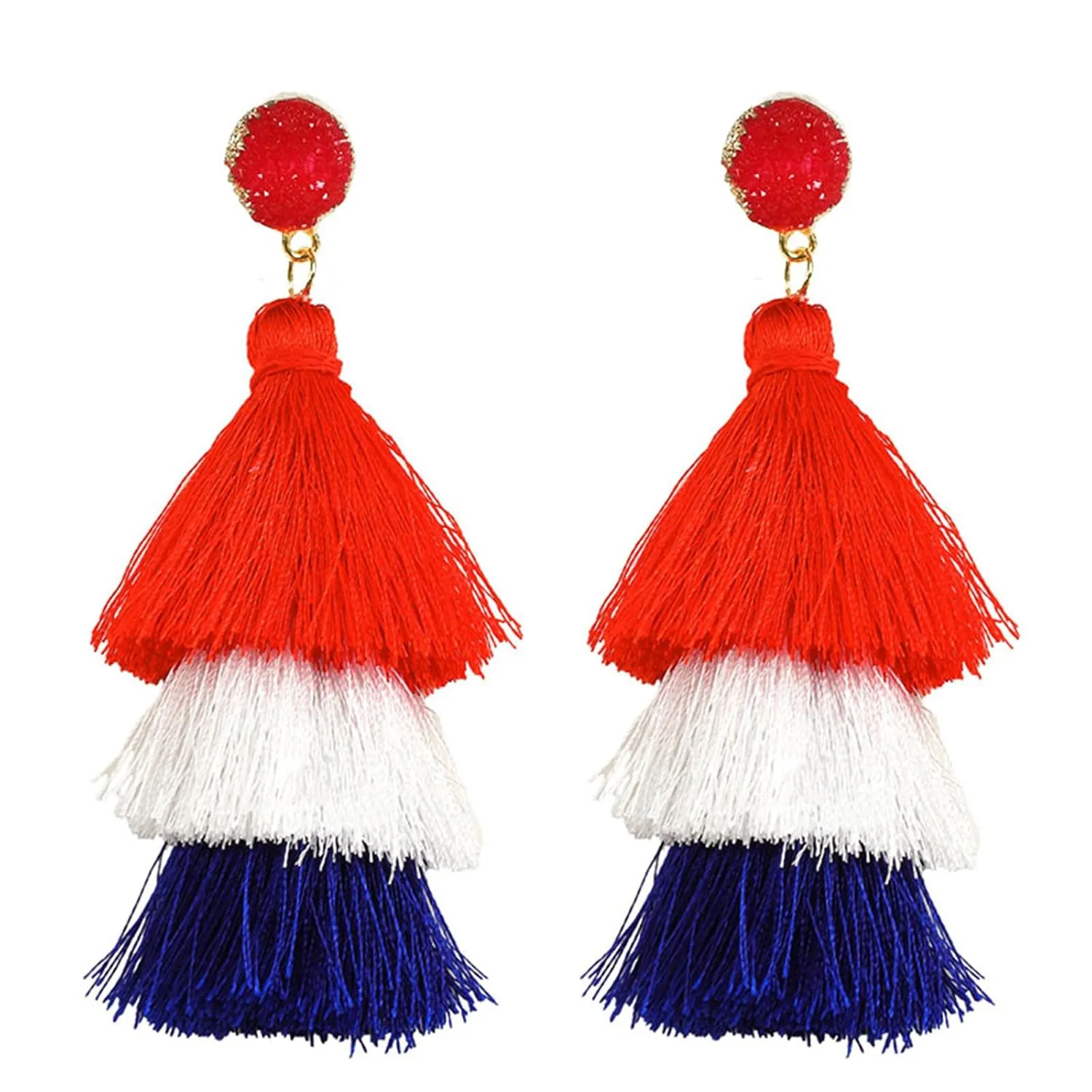 Layered Tassel Earrings for Women Handmade Lightweight Long Fringe Tiered Tassel Earrings Bohemian Crystal Tassel Earrings Statement Earrings Fashion Jewelry (Flag)
