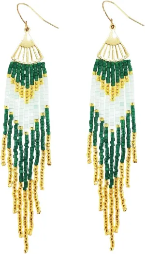 Long Bohemian Beaded Fringe Dangle Earrings, Fan Tassel Big Large Bead Beaded Drop Earrings for Women