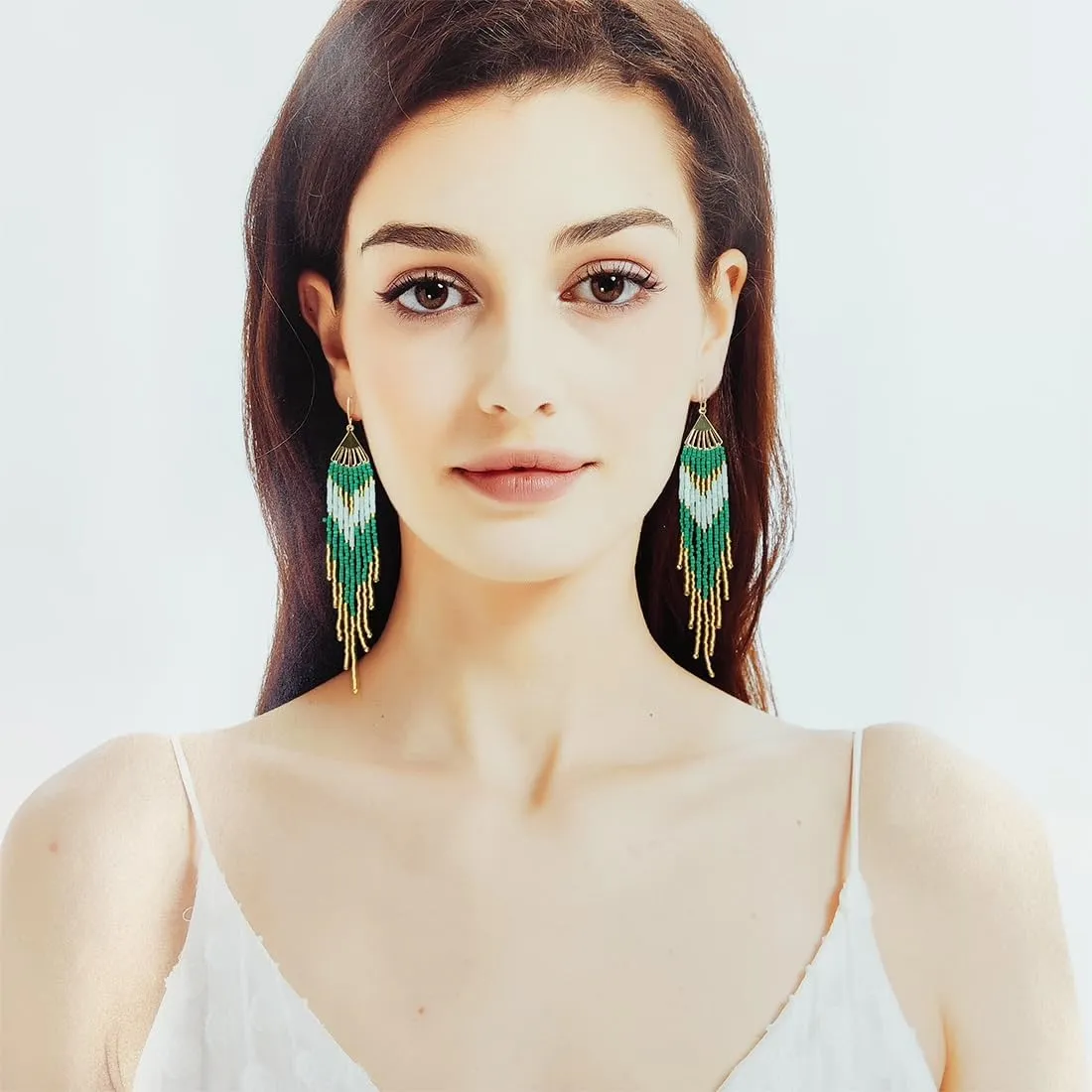 Long Bohemian Beaded Fringe Dangle Earrings, Fan Tassel Big Large Bead Beaded Drop Earrings for Women