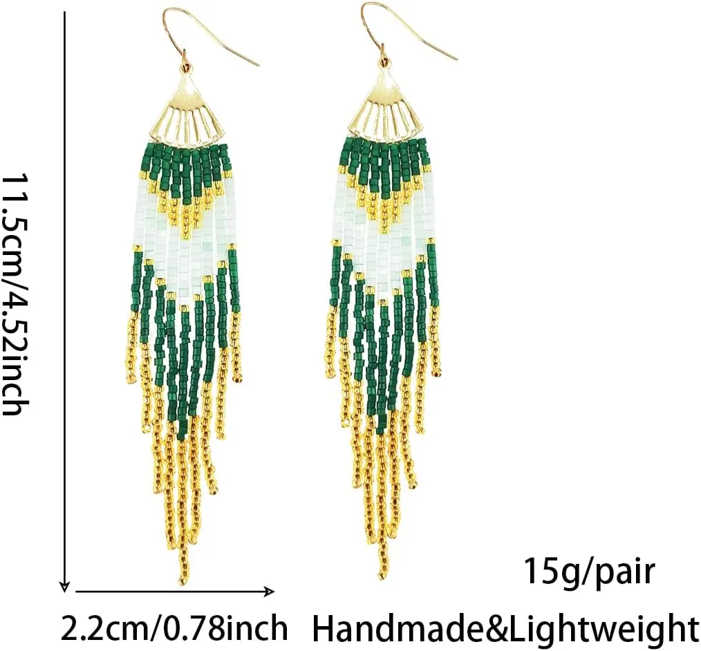 Long Bohemian Beaded Fringe Dangle Earrings, Fan Tassel Big Large Bead Beaded Drop Earrings for Women