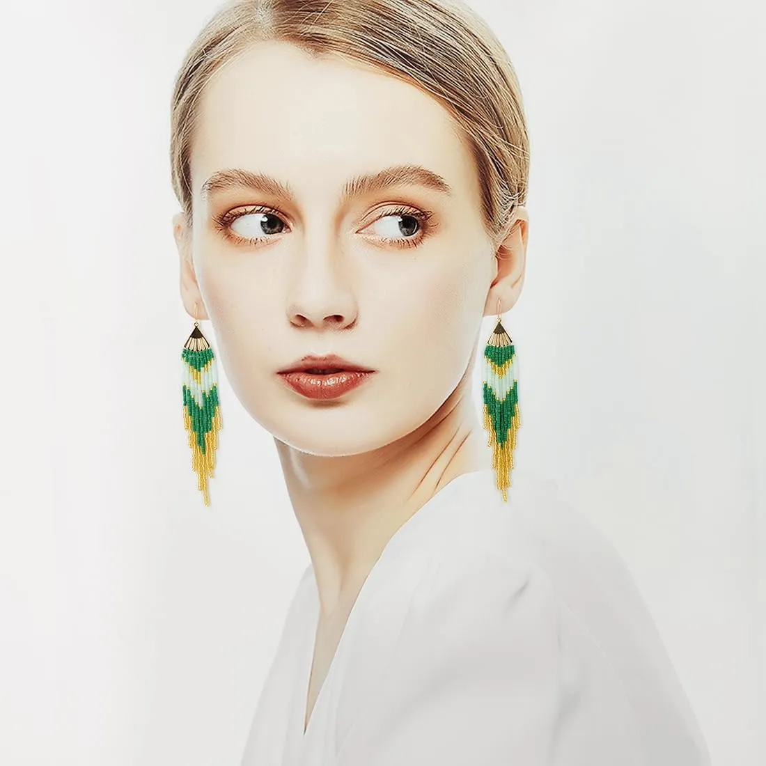 Long Bohemian Beaded Fringe Dangle Earrings, Fan Tassel Big Large Bead Beaded Drop Earrings for Women