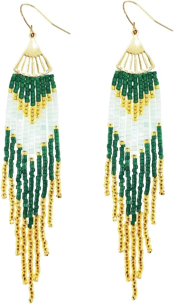 Long Bohemian Beaded Fringe Dangle Earrings, Fan Tassel Big Large Bead Beaded Drop Earrings for Women