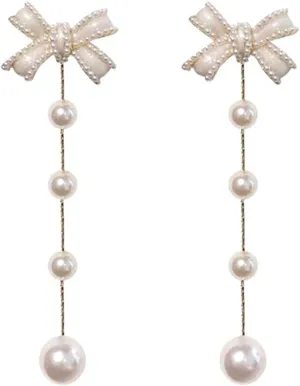 Long Bow Pearl Drop Earrings for Women Gold Plated Pearl Dangle Earrings Gold Pearl Bow Tassel Stud Earrings Bow Earrings Gifts