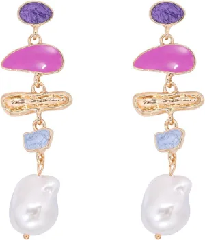 Long Pearl Drop Earrings for Women,Vintage Statement Baroque Pearl Earrings Colored Glaze Enamel Trendy Dangling Hanging Wedding Prom Bridal Earrings Jewelry