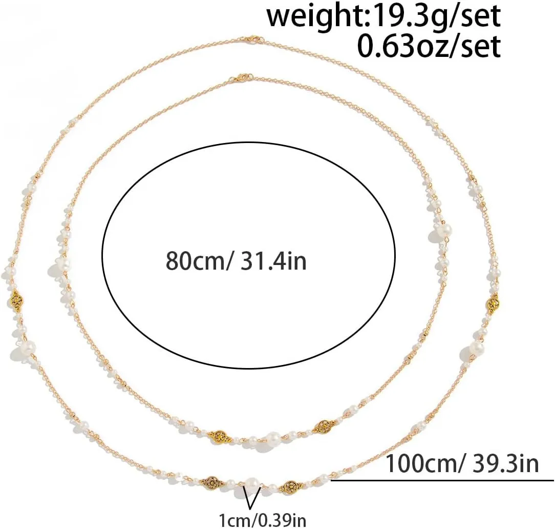 Long Pearl Necklace for Women - 2 Pack 80cm & 100cm Simulated Pearls Jewelry Set, Double Layer Adjustable Fake Pearls with Gold Plated Chain, Elegant Bridal Party Evening Dress Necklace