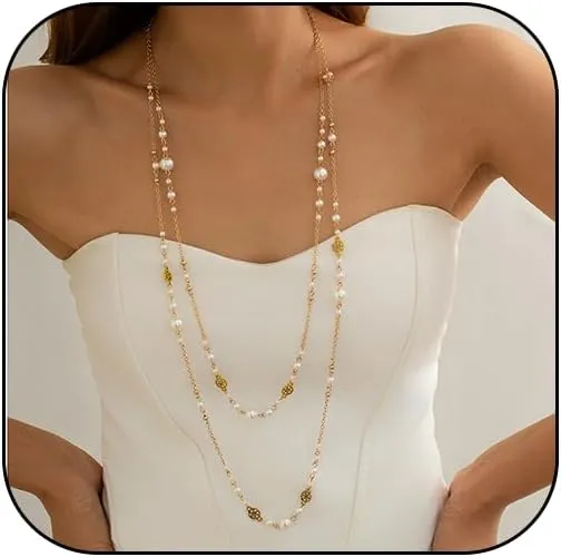 Long Pearl Necklace for Women - 2 Pack 80cm & 100cm Simulated Pearls Jewelry Set, Double Layer Adjustable Fake Pearls with Gold Plated Chain, Elegant Bridal Party Evening Dress Necklace
