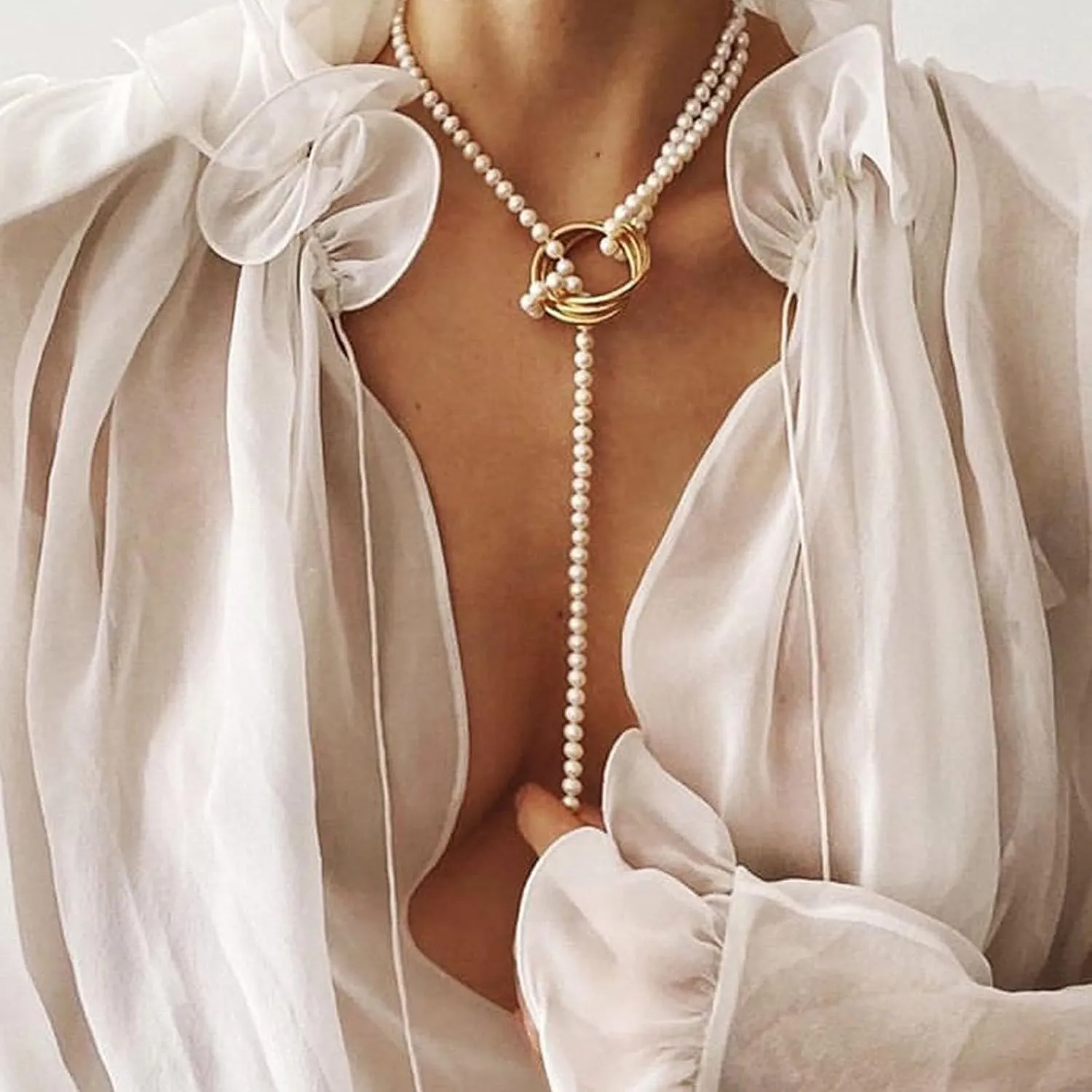 Long Pearl Necklaces for Women Pearl Long Chain Lariat Necklace Layered Boho Pearls Necklace Statement Sweater Strand Chain Jewelry
