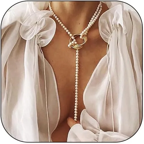 Long Pearl Necklaces for Women Pearl Long Chain Lariat Necklace Layered Boho Pearls Necklace Statement Sweater Strand Chain Jewelry
