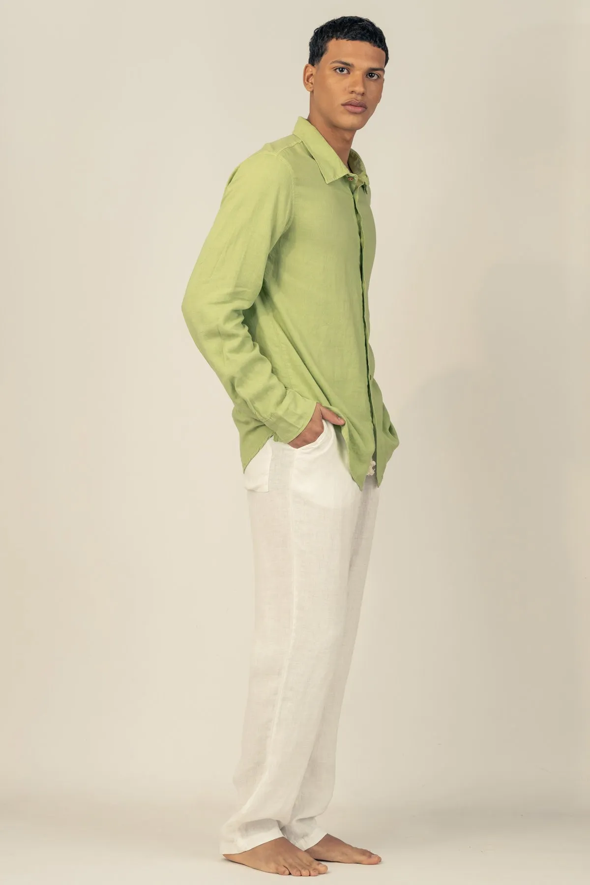 Long Sleeve Linen Cotton Shirt in Avocado