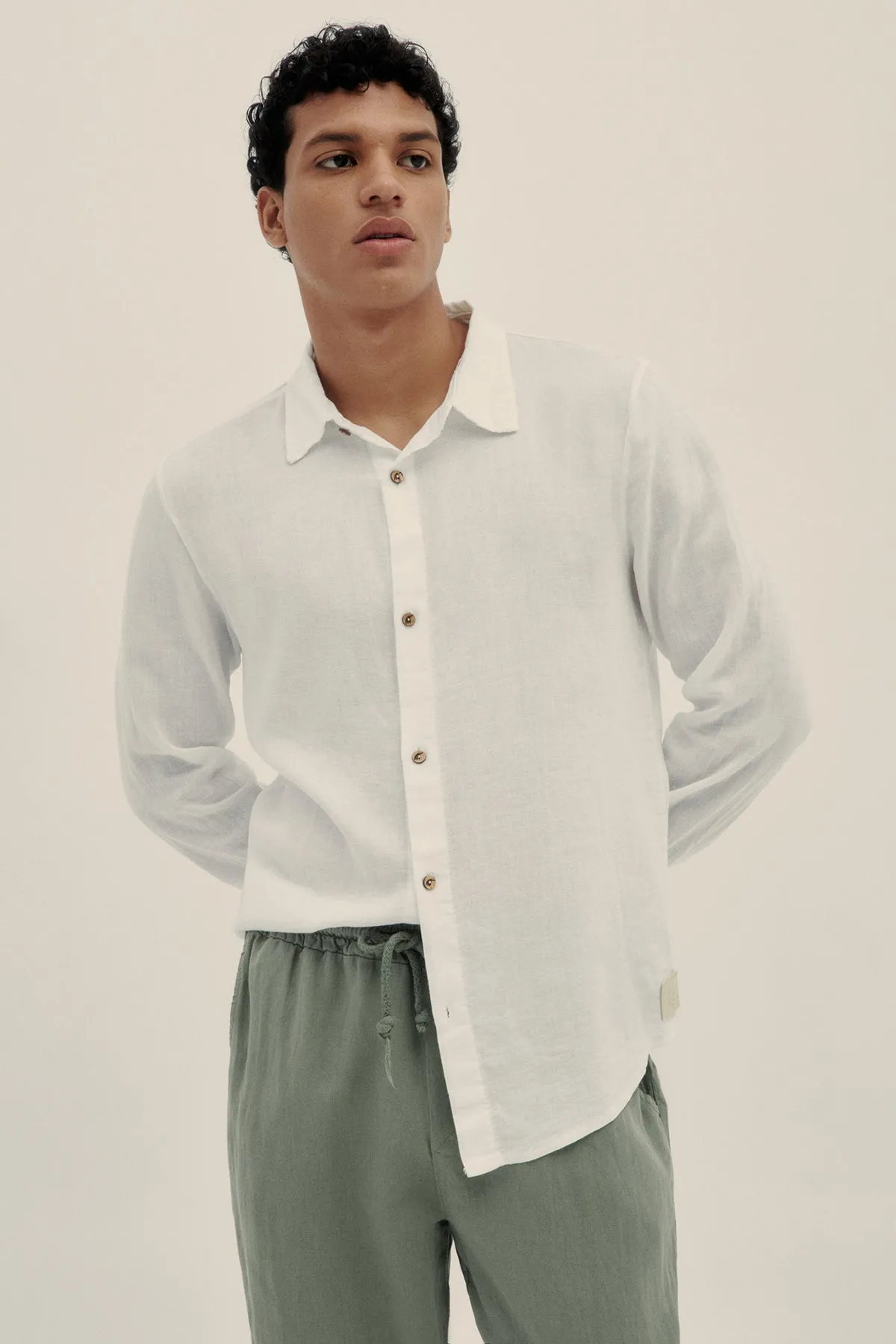 Long Sleeve Linen Cotton Shirt in White
