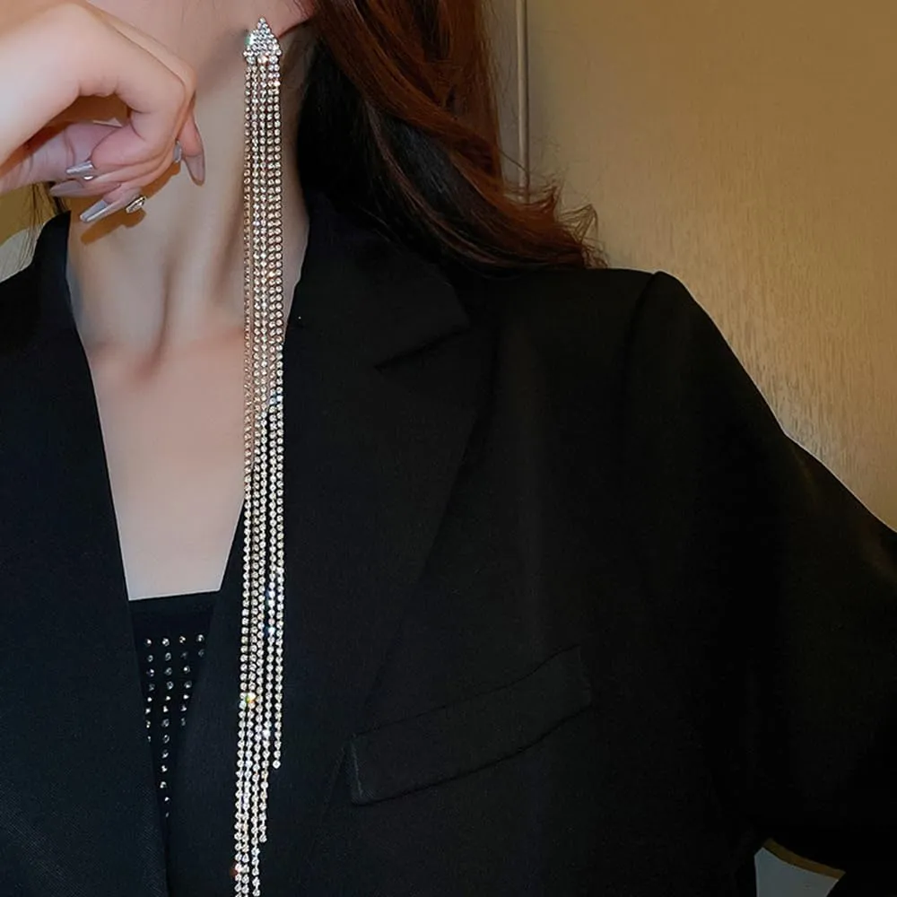 Long Tassel Dangle Earrings Crystal Rhinestone Earrings Extra Long Rhinestone Chandelier Earrings Sparkly Rhinestone Dangle Drop Earrings for Party Wedding Prom