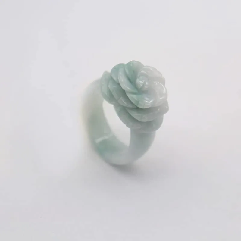 LSCZSLYH Trend Band Ring Natural Jade Stones Rings for Women Jewellery Emerald Rose Flower Hand-Carved Ladies Luxury Jewelry (Main Stone Color : White Green, Ring Size : 16mm-17mm)
