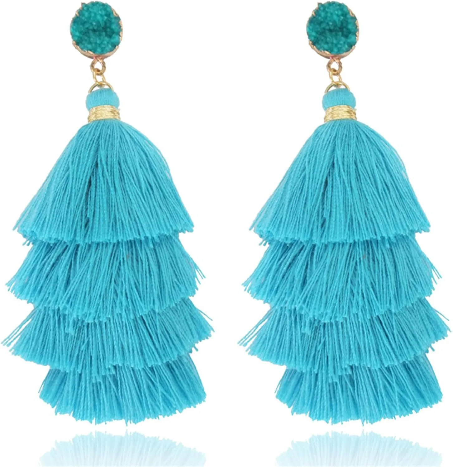 MALOYANVE Layered Tassel Earrings for Women Colorful Bohemian Tree-shaped Tiered Tassel Druzy Stud Dangle Drop Earrings