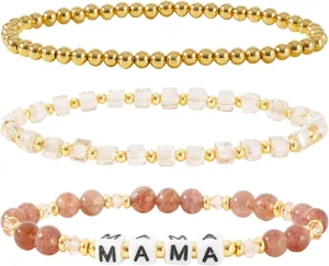 MAMA Bracelet Dainty Gold Crystal Beaded Bracelets Set for Women Stackable 14K Gold Plated Beads Nature Stone Layered Stretch Bracelets Mother's Day Gifts for Mom Grandmom