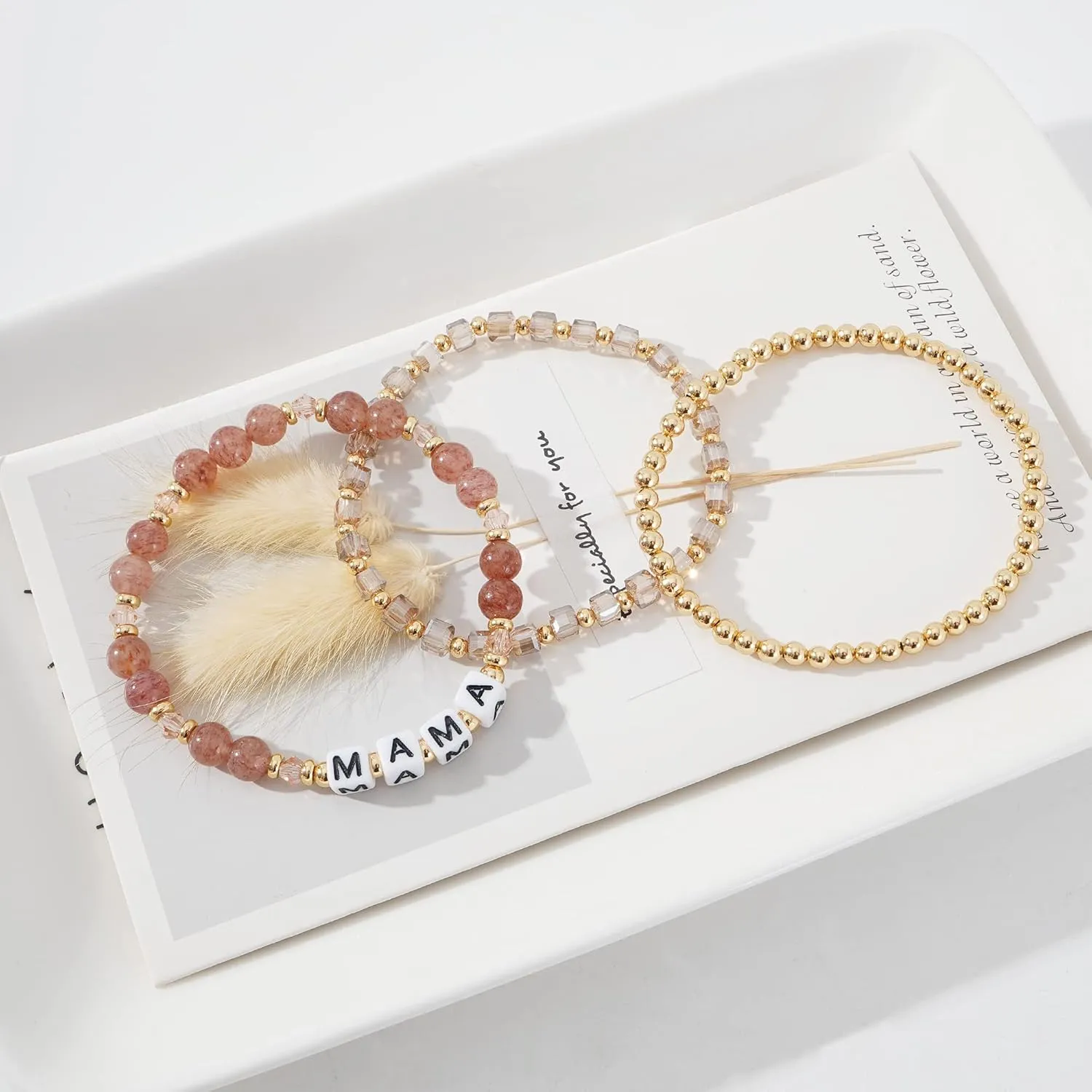 MAMA Bracelet Dainty Gold Crystal Beaded Bracelets Set for Women Stackable 14K Gold Plated Beads Nature Stone Layered Stretch Bracelets Mother's Day Gifts for Mom Grandmom