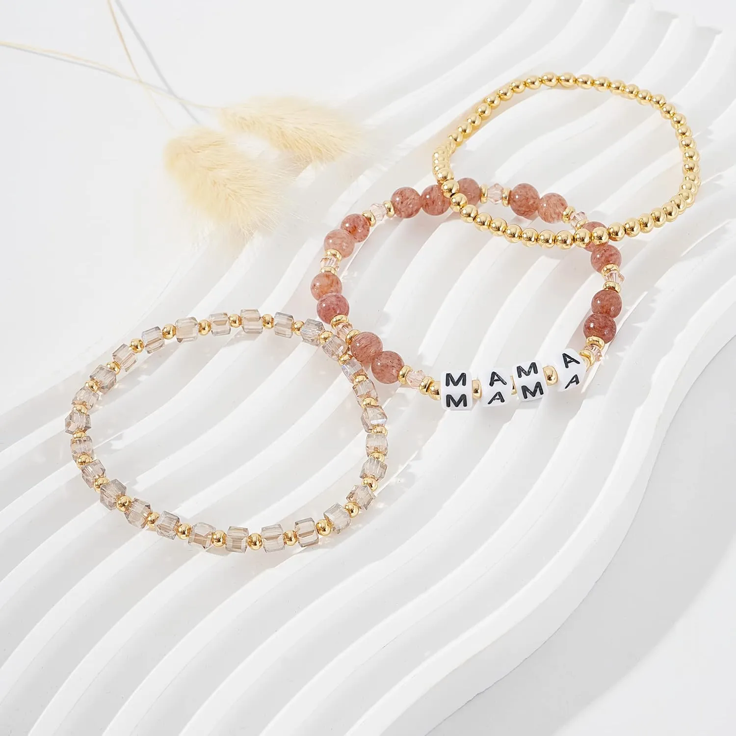 MAMA Bracelet Dainty Gold Crystal Beaded Bracelets Set for Women Stackable 14K Gold Plated Beads Nature Stone Layered Stretch Bracelets Mother's Day Gifts for Mom Grandmom