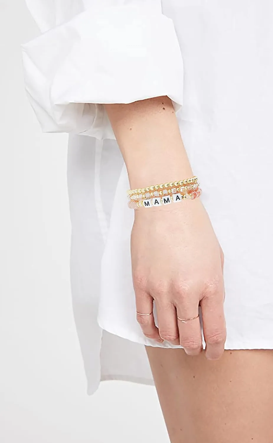 MAMA Bracelet Dainty Gold Crystal Beaded Bracelets Set for Women Stackable 14K Gold Plated Beads Nature Stone Layered Stretch Bracelets Mother's Day Gifts for Mom Grandmom