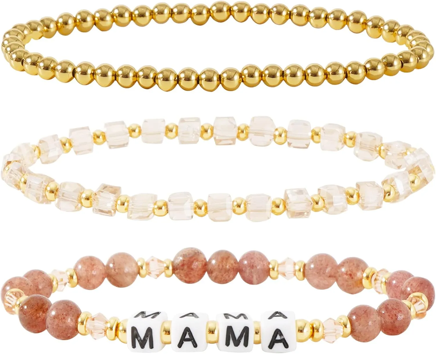 MAMA Bracelet Dainty Gold Crystal Beaded Bracelets Set for Women Stackable 14K Gold Plated Beads Nature Stone Layered Stretch Bracelets Mother's Day Gifts for Mom Grandmom