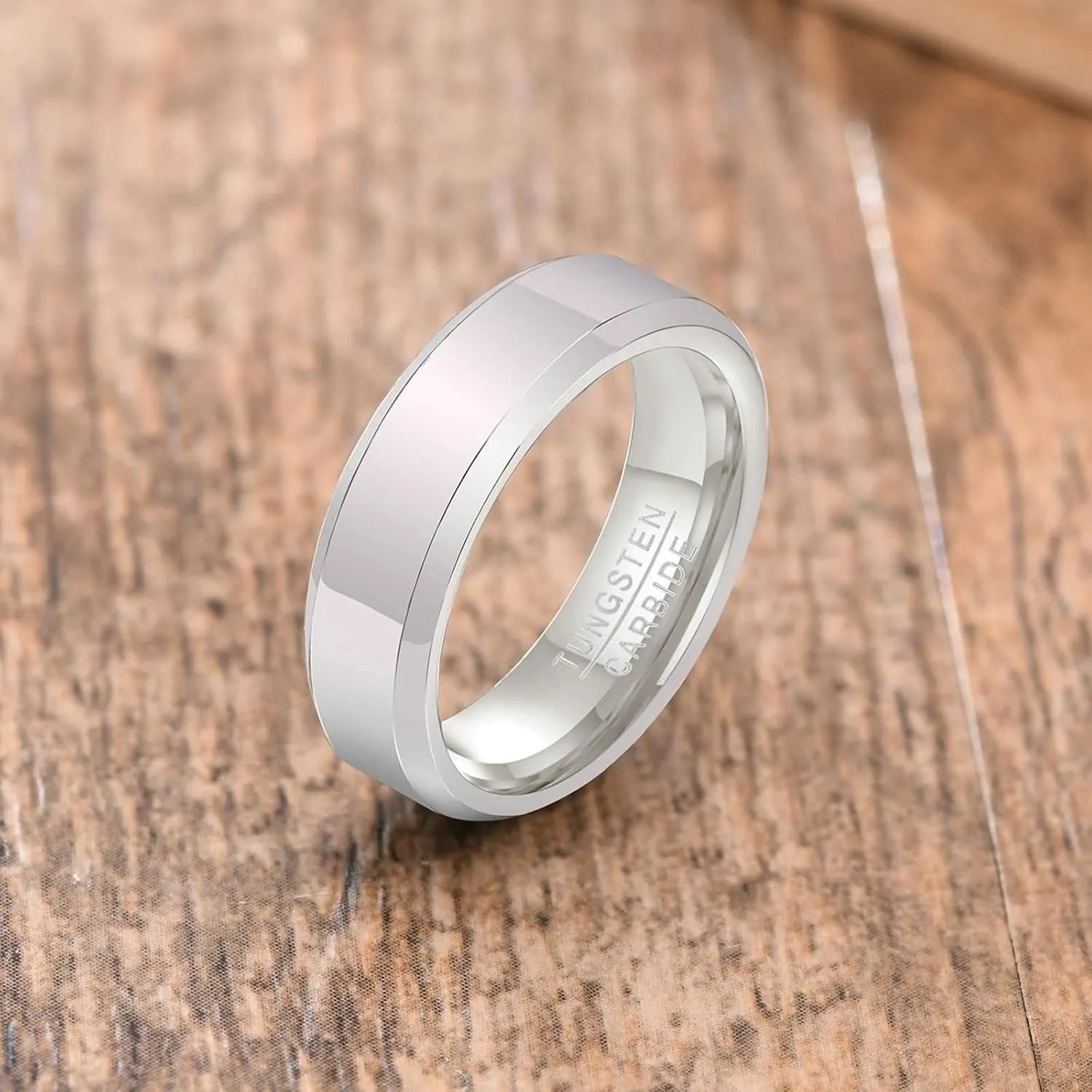 Matching Couple Rings, Rings for Men Tungsten 6mm Silver Ring Beveled Edge Rings for Men and Women