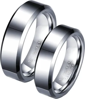 Matching Couple Rings, Rings for Men Tungsten 6mm Silver Ring Beveled Edge Rings for Men and Women