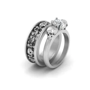 Matching Skull Couple Rings Solid 925 Sterling Silver Diamond Fleur De Lis Gothic Skull Wedding Ring Set His and Hers