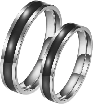Matching Wedding Rings for Him and Her, Couples Promise Rings Set Stainless Steel Comfort Fit 4mm Silver Ring with Black Enamel