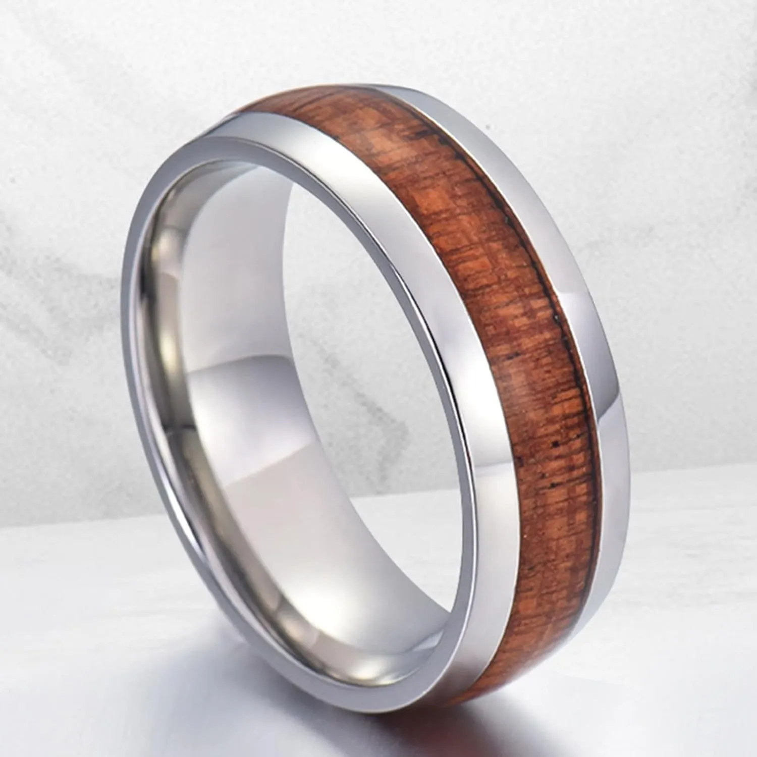 Men Couple Rings, Men's Tungsten Carbide Ring 8mm Silver Ring Inlay Wood Engagement Couple Rings