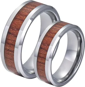 Men's Rings Silver, Stainless Steel Rings 8mm Silver Wooden Ring Beveled Edge Valentine's Day Couple Rings