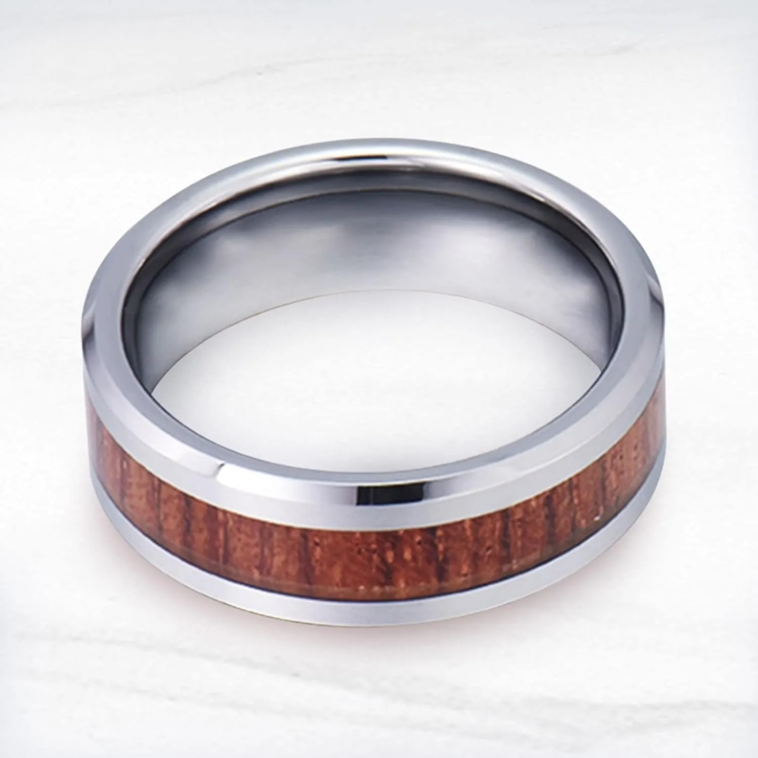 Men's Rings Silver, Stainless Steel Rings 8mm Silver Wooden Ring Beveled Edge Valentine's Day Couple Rings