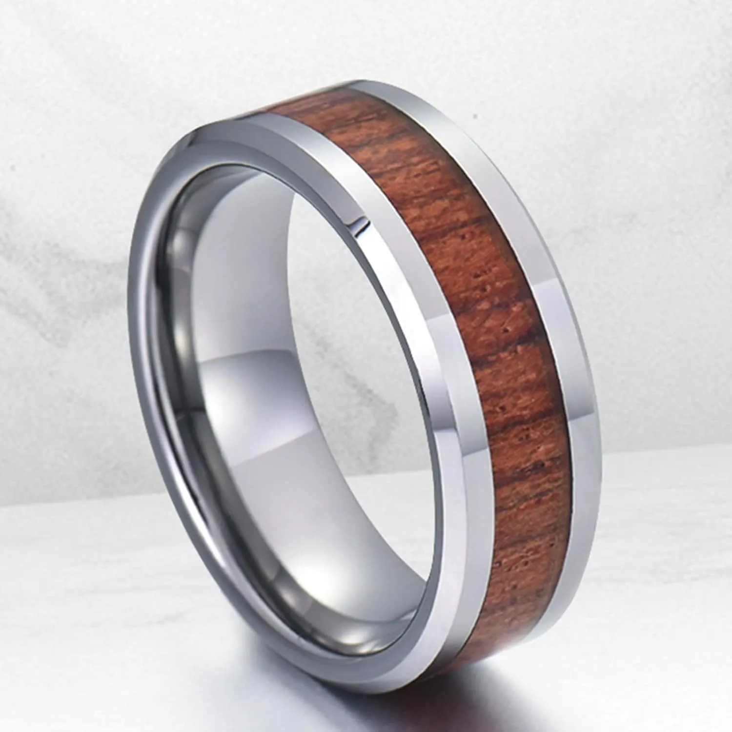 Men's Rings Silver, Stainless Steel Rings 8mm Silver Wooden Ring Beveled Edge Valentine's Day Couple Rings