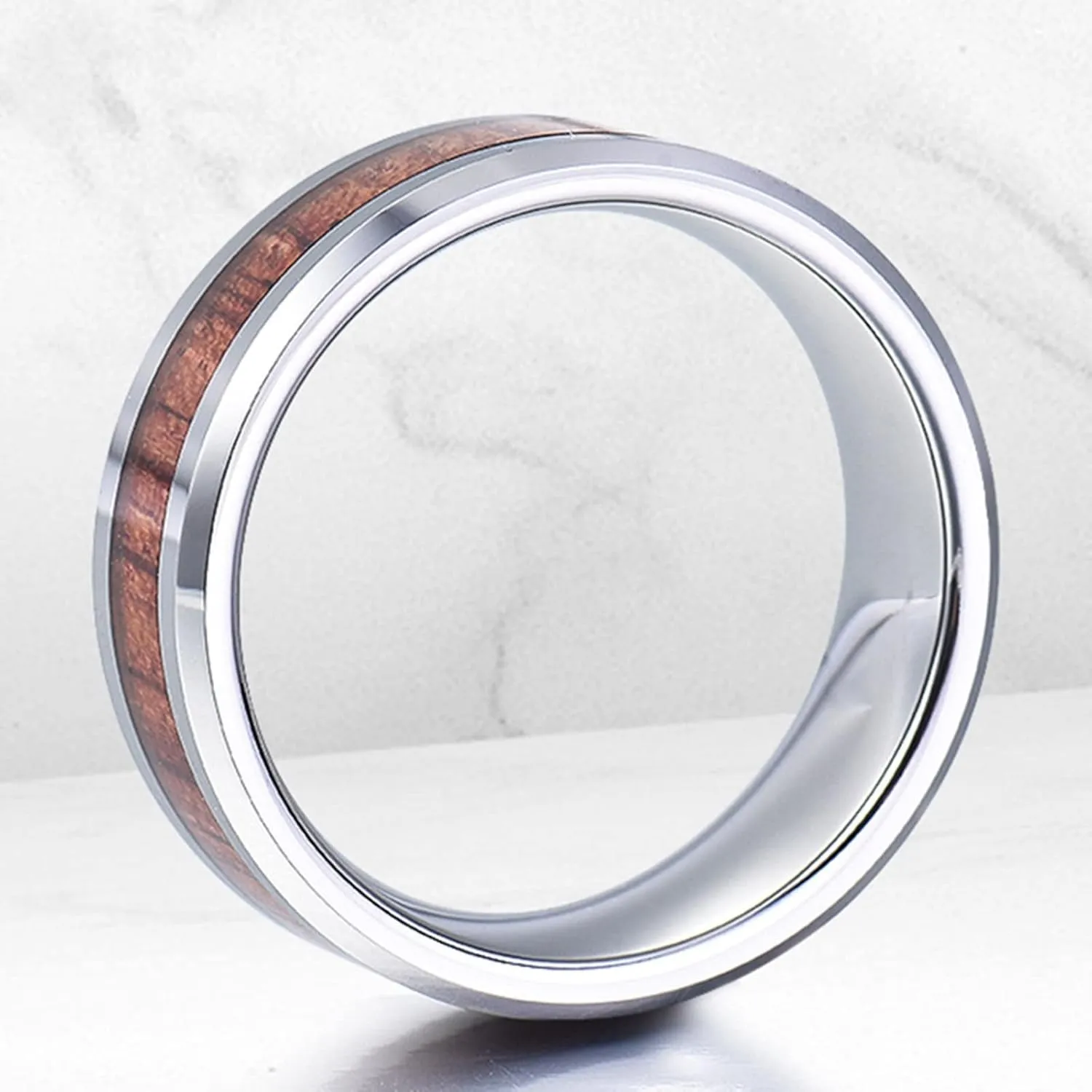Men's Rings Silver, Stainless Steel Rings 8mm Silver Wooden Ring Beveled Edge Valentine's Day Couple Rings