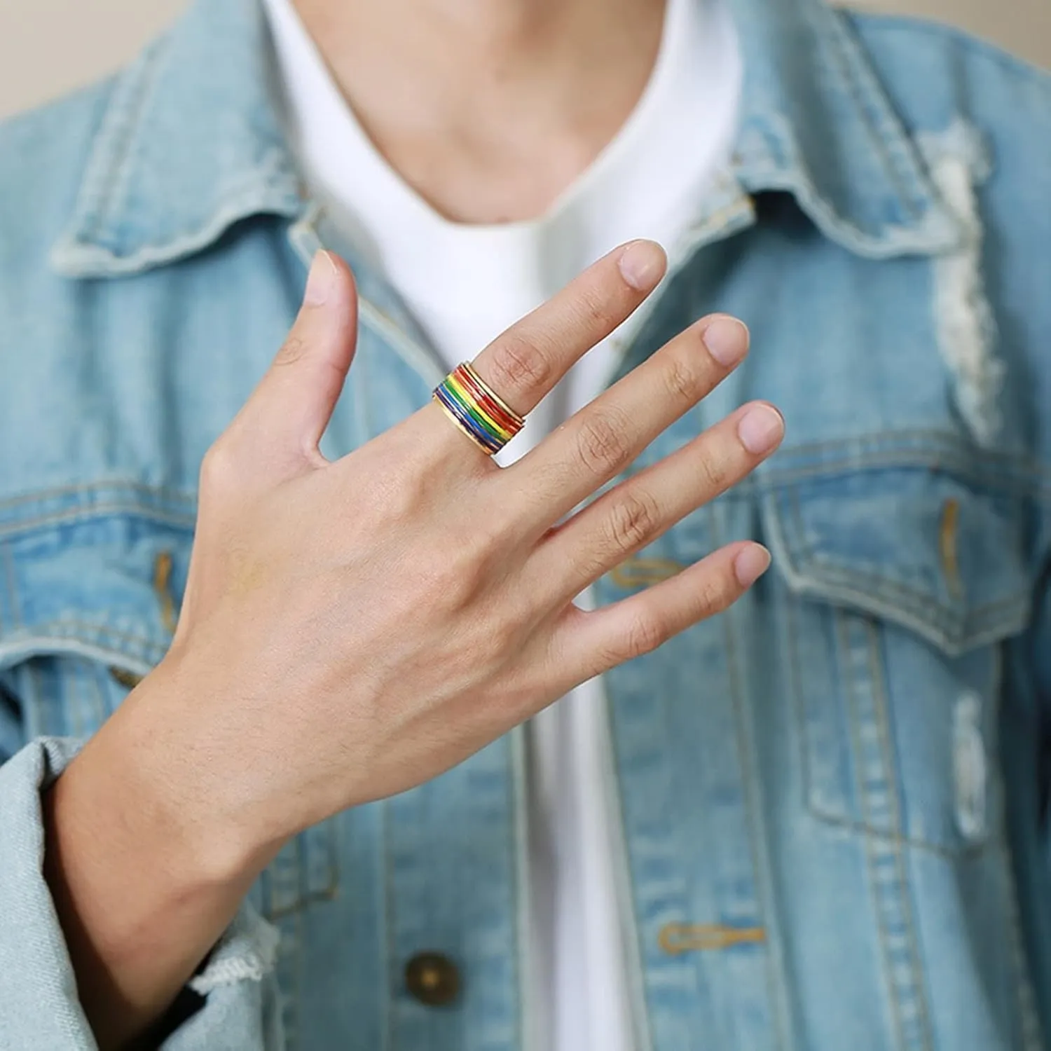 Men's Wedding Rings, Mens Stainless Steel Rings Gold LGBT Ring with Rainbow Enamel Engagement Couple Rings