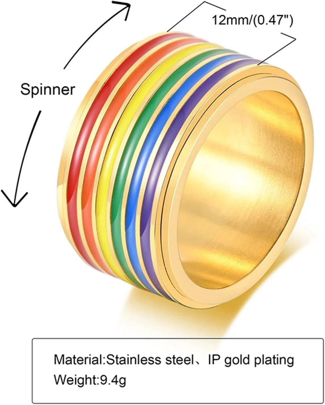 Men's Wedding Rings, Mens Stainless Steel Rings Gold LGBT Ring with Rainbow Enamel Engagement Couple Rings