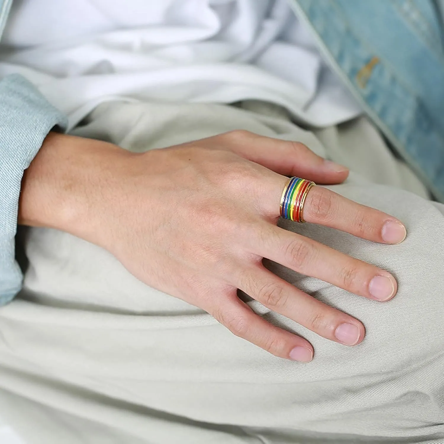 Men's Wedding Rings, Mens Stainless Steel Rings Gold LGBT Ring with Rainbow Enamel Engagement Couple Rings