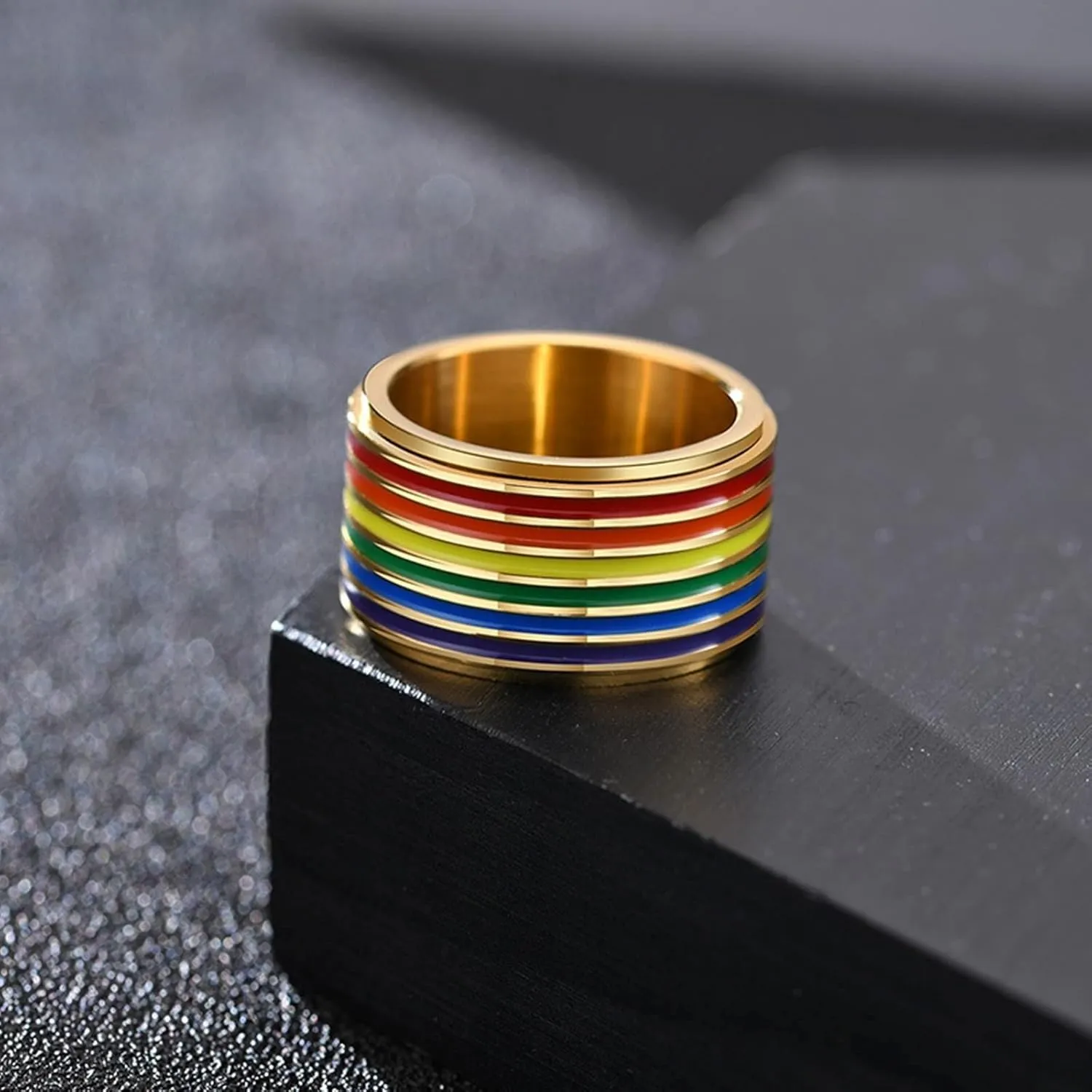 Men's Wedding Rings, Mens Stainless Steel Rings Gold LGBT Ring with Rainbow Enamel Engagement Couple Rings