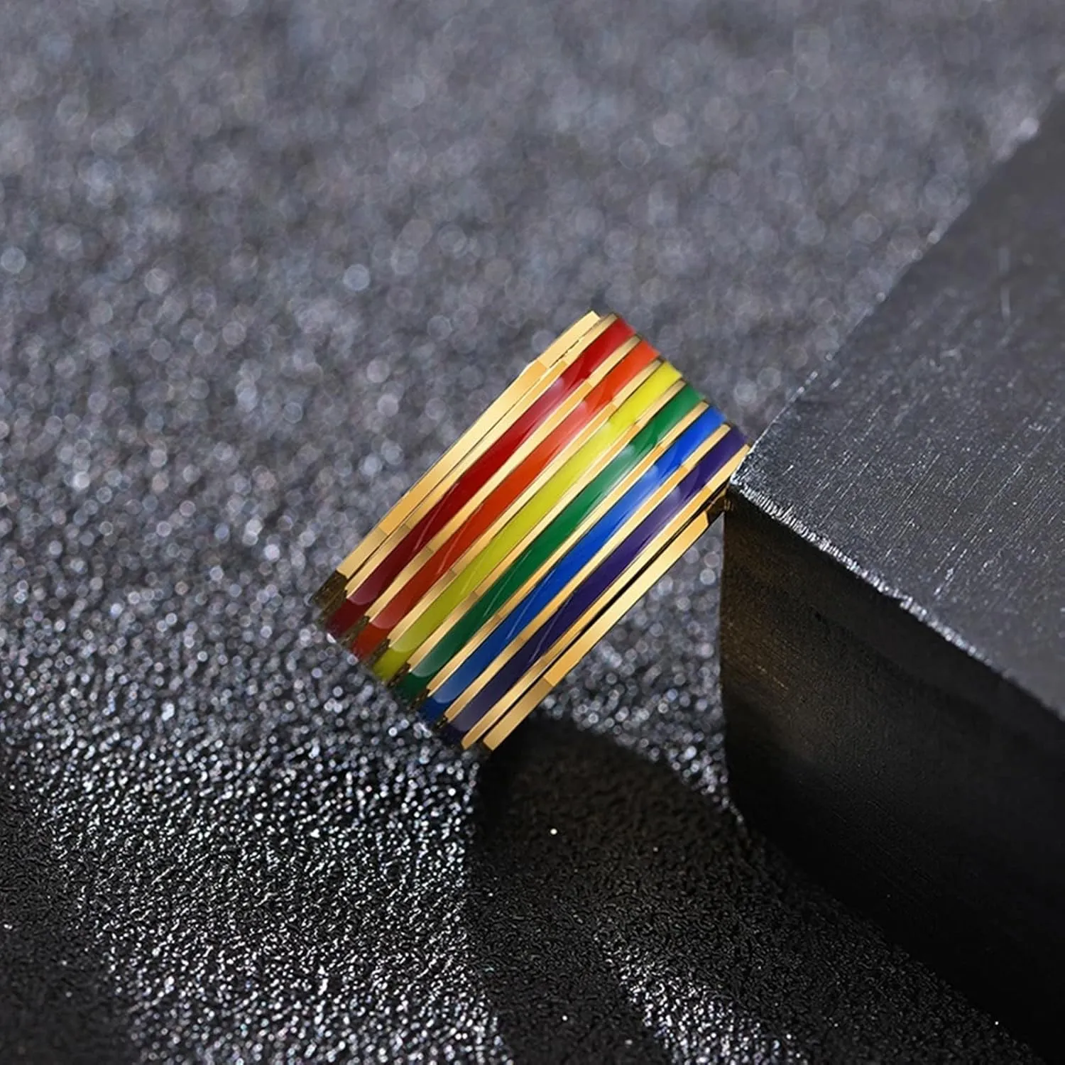 Men's Wedding Rings, Mens Stainless Steel Rings Gold LGBT Ring with Rainbow Enamel Engagement Couple Rings