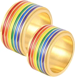 Men's Wedding Rings, Mens Stainless Steel Rings Gold LGBT Ring with Rainbow Enamel Engagement Couple Rings