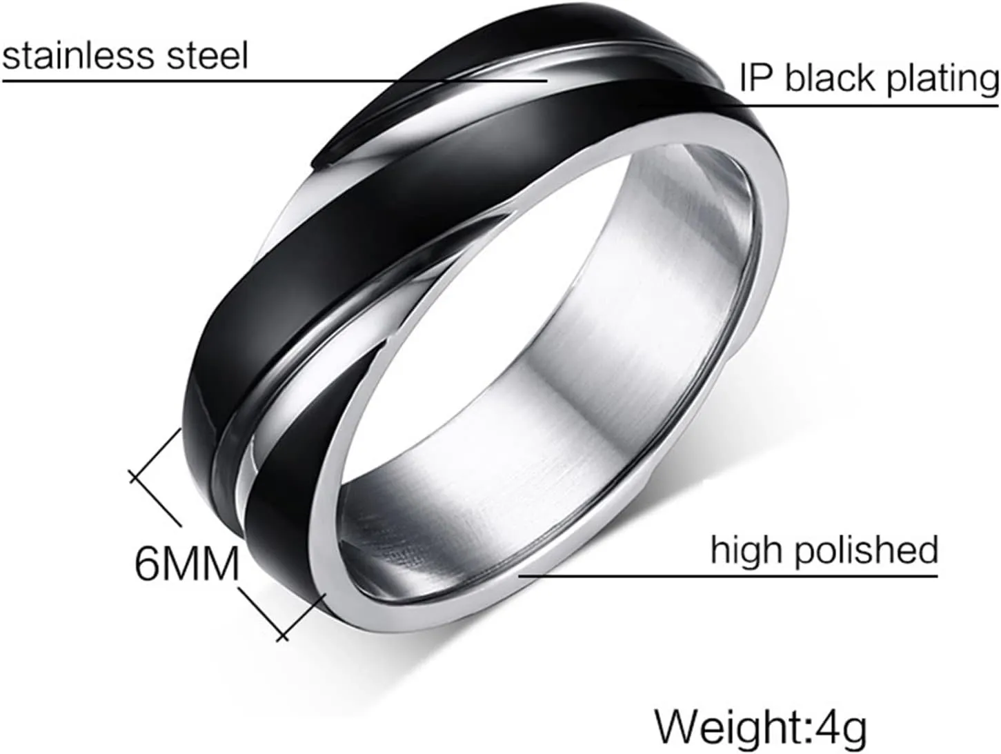 Men's Wedding Rings, Steel Rings for Women Black Silver Ring 6mm Men's and Women's Fashion Rings